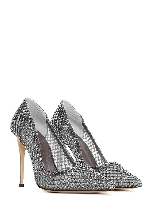 Kadın Gümüş Taşlı Yüksek İnce Topuklu Deri Stiletto 25SFD1214TS - Görsel 4