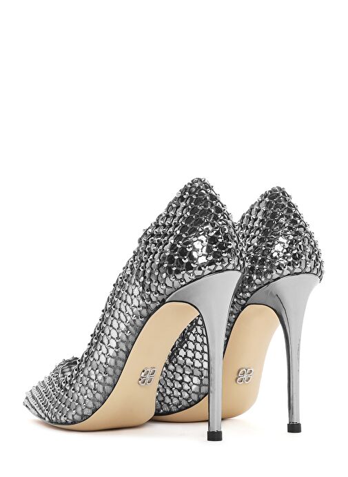Kadın Gümüş Taşlı Yüksek İnce Topuklu Deri Stiletto 25SFD1214TS - Görsel 7