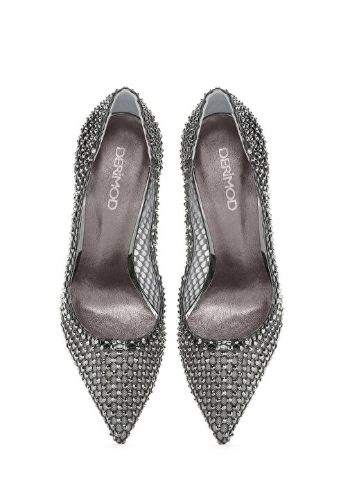 Kadın Gümüş Taşlı Yüksek İnce Topuklu Deri Stiletto 25SFD1214TS - Görsel 8