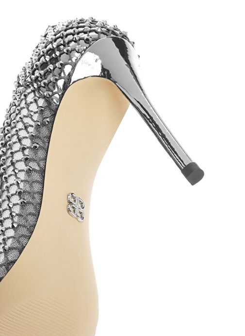 Kadın Gümüş Taşlı Yüksek İnce Topuklu Deri Stiletto 25SFD1214TS - Görsel 9
