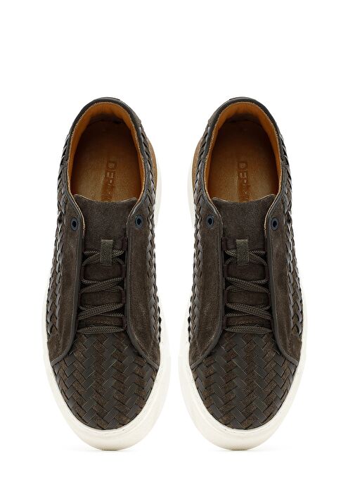 Erkek Haki Bağcıklı Örgülü Kalın Tabanlı Deri Sneaker 25SFD795214 - Görsel 8