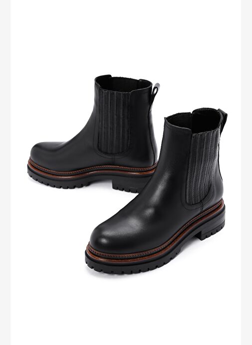 Kadın Siyah Kalın Tabanlı Deri Chelsea Bot 25WFD180218 - Görsel 4