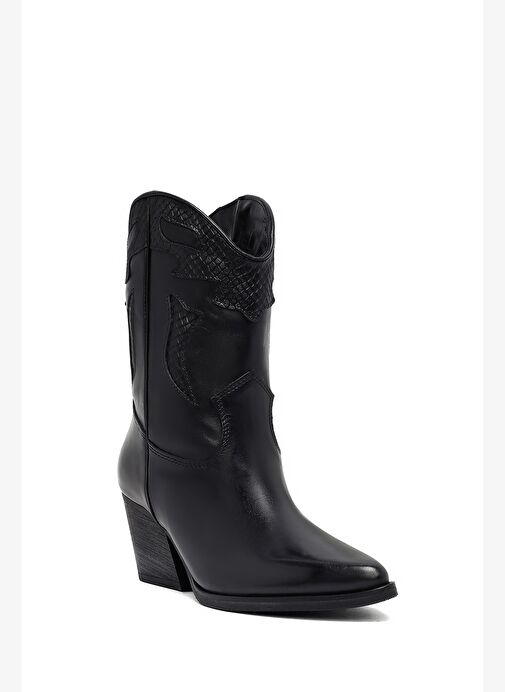 Kadın Siyah Kısa Kalın Topuklu Deri Kovboy Bot 25WFD182518 - Görsel 9