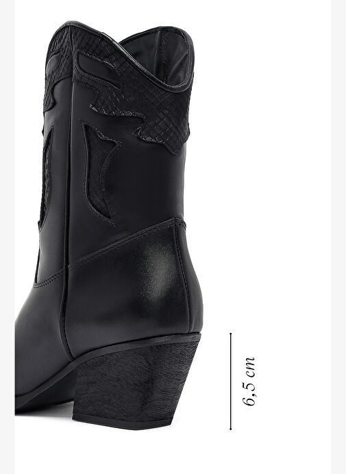 Kadın Siyah Kısa Kalın Topuklu Deri Kovboy Bot 25WFD182518 - Görsel 3