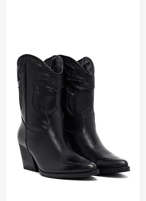 Kadın Siyah Kısa Kalın Topuklu Deri Kovboy Bot 25WFD182518 - Görsel 6