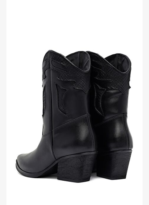Kadın Siyah Kısa Kalın Topuklu Deri Kovboy Bot 25WFD182518 - Görsel 8