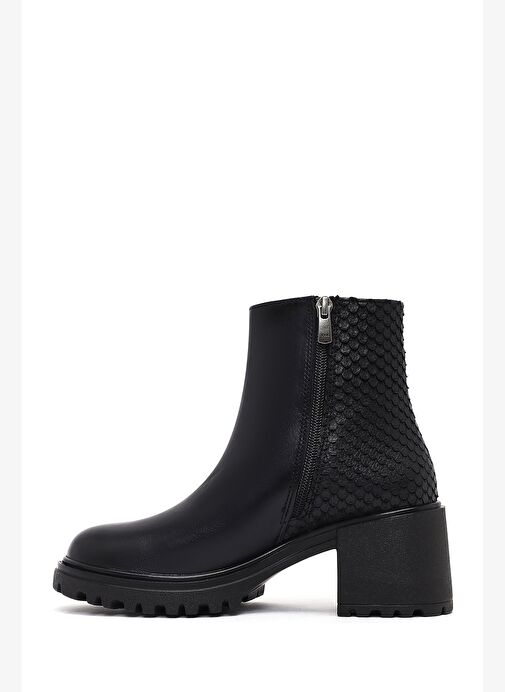 Kadın Siyah Fermuarlı Kalın Topuklu Deri Bot 25WFD182618 - Görsel 5