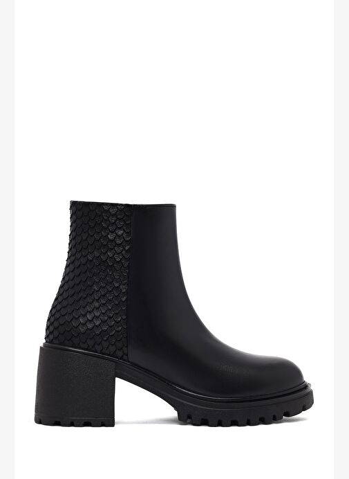 Kadın Siyah Fermuarlı Kalın Topuklu Deri Bot 25WFD182618 - Görsel 2
