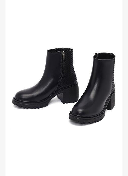Kadın Siyah Fermuarlı Kalın Topuklu Deri Bot 25WFD182618 - Görsel 4