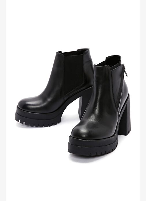 Kadın Siyah Fermuarlı Kalın Topuklu Deri Bot 25WFD182918 - Görsel 4