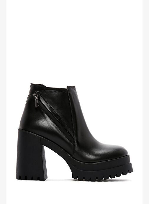Kadın Siyah Fermuarlı Kalın Topuklu Deri Bot 25WFD182918 - Görsel 2