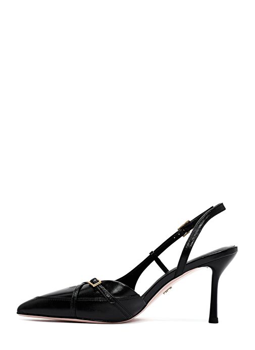 Kadın Siyah Bilekten Tokalı Arkası Açık İnce Topuklu Deri Ayakkabı 25SFD494418 - Görsel 5