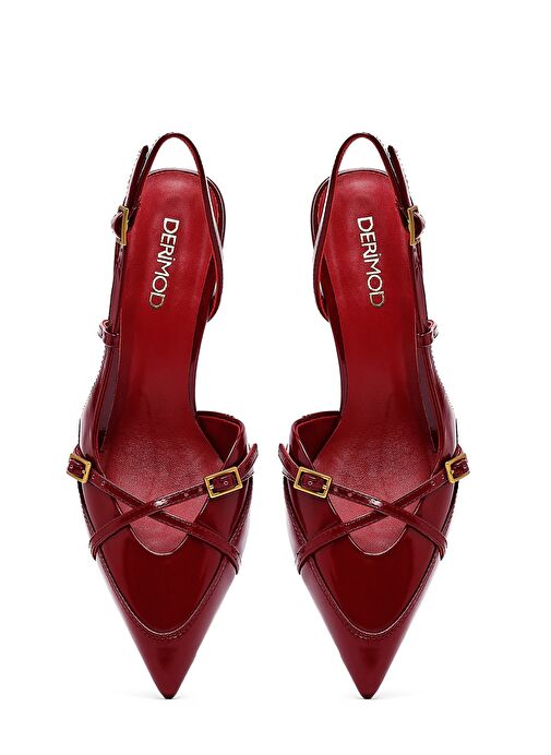 Kadın Kırmızı Bilekten Tokalı Arkası Açık İnce Topuklu Deri Ayakkabı 25SFD494418 - Görsel 9