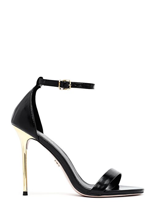 Kadın Siyah Bilekten Tokalı Yüksek İnce Topuklu Metalik Deri Sandalet 25SFD494532 - Görsel 2