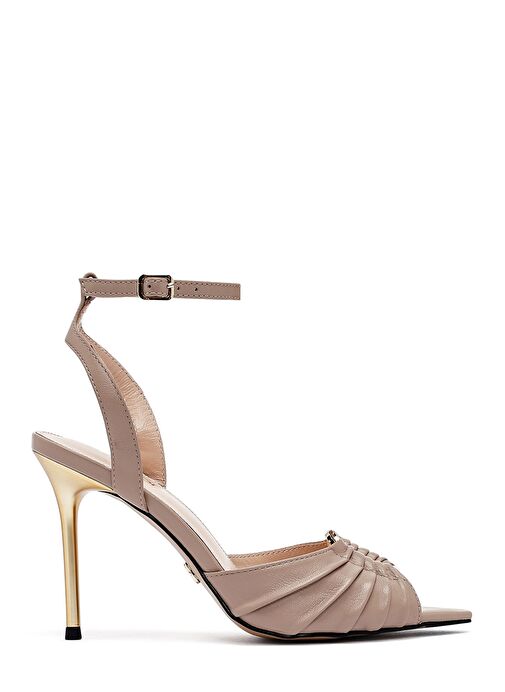 Kadın Bej Bilekten Tokalı Yüksek İnce Topuklu Deri Sandalet 25SFD494718 - Görsel 2