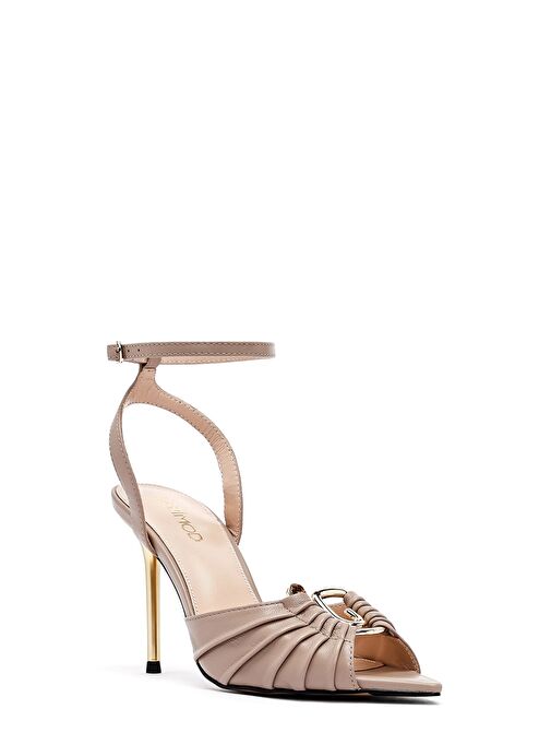 Kadın Bej Bilekten Tokalı Yüksek İnce Topuklu Deri Sandalet 25SFD494718 - Görsel 8