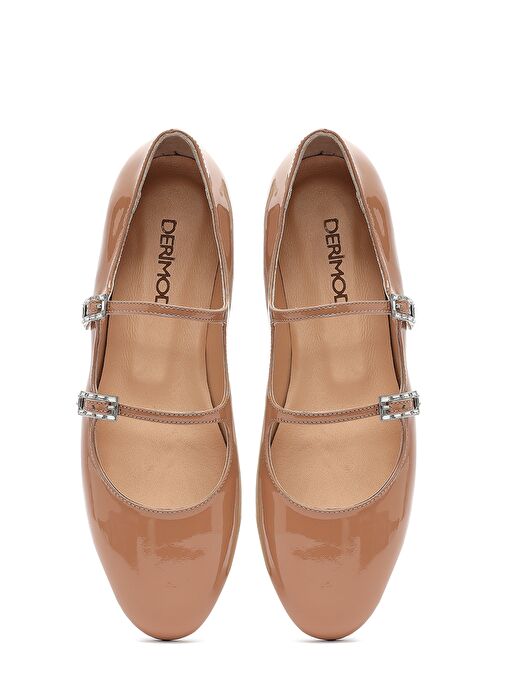 Kadın Bej Tokalı Taşlı Rugan Deri Babet 25SFD230416 - Görsel 8