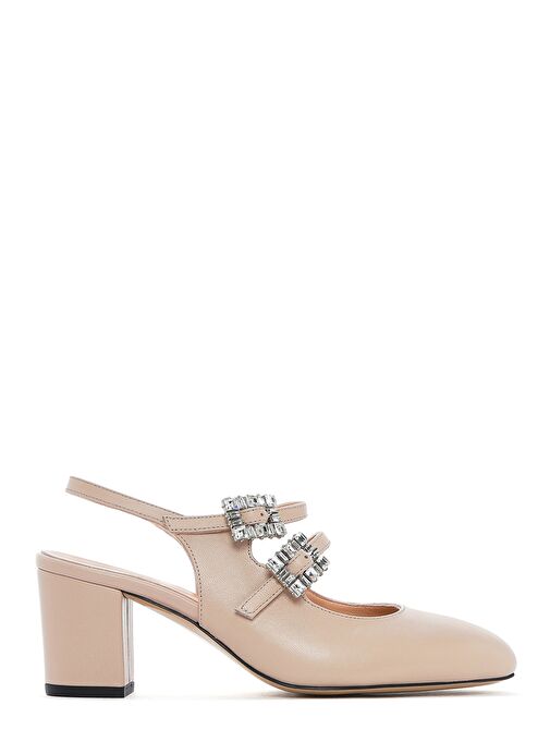 Kadın Bej Arkası Açık Tokalı Taşlı Kalın Topuklu Deri Ayakkabı 25SFD230618 - Görsel 2