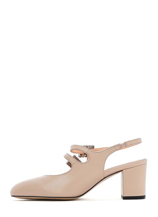 Kadın Bej Arkası Açık Tokalı Taşlı Kalın Topuklu Deri Ayakkabı 25SFD230618 - Görsel 4