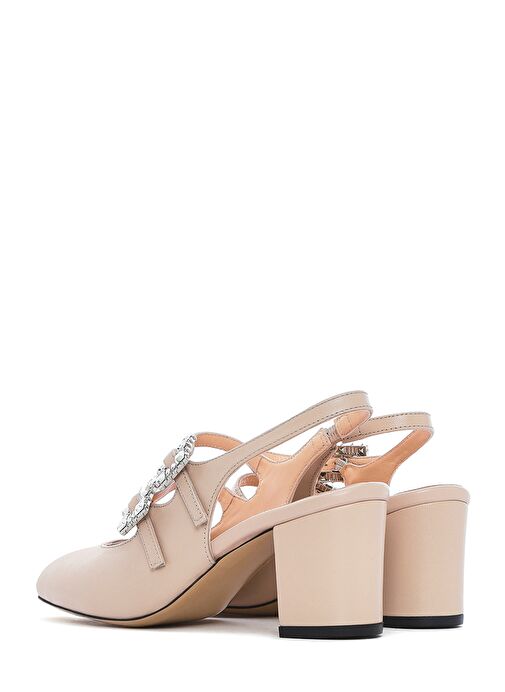 Kadın Bej Arkası Açık Tokalı Taşlı Kalın Topuklu Deri Ayakkabı 25SFD230618 - Görsel 7