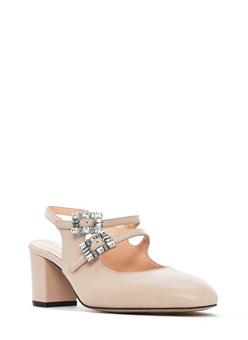 Kadın Bej Arkası Açık Tokalı Taşlı Kalın Topuklu Deri Ayakkabı 25SFD230618 - Görsel 8
