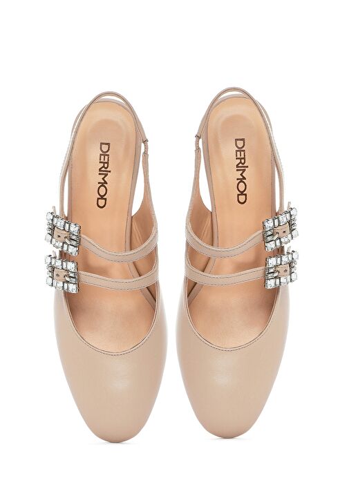 Kadın Bej Arkası Açık Tokalı Taşlı Kalın Topuklu Deri Ayakkabı 25SFD230618 - Görsel 9