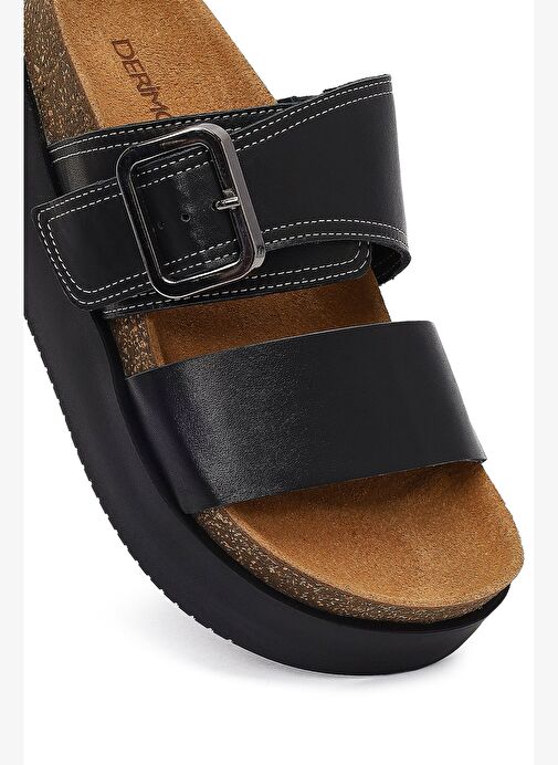 Kadın Siyah Tokalı Kalın Tabanlı Deri Terlik 25SFD132918 - Görsel 9