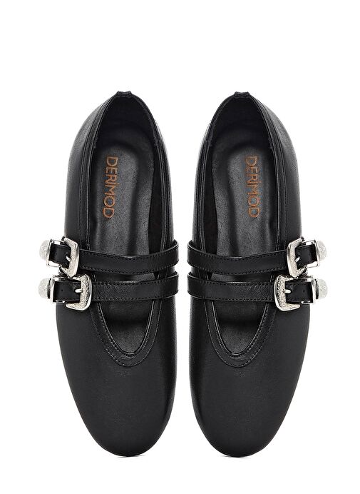 Kadın Siyah Çift Tokalı Deri Babet 25SFD140218 - Görsel 8
