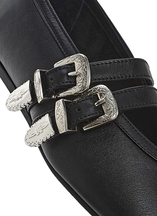 Kadın Siyah Çift Tokalı Deri Babet 25SFD140218 - Görsel 9