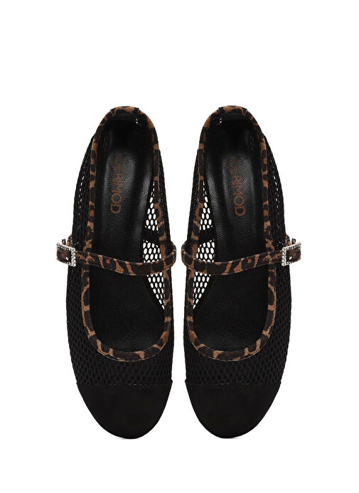 Kadın Siyah Leopar Desenli Tokalı File Deri Babet 25SFD140414 - Görsel 8