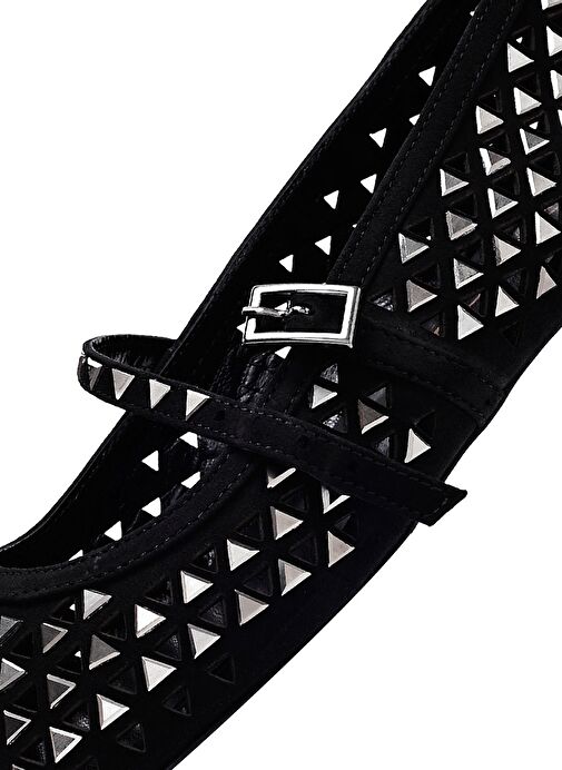 Kadın Siyah Tokalı Taşlı Deri Babet 25SFD140514 - Görsel 9