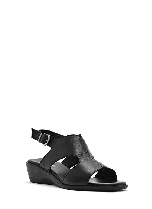 Kadın Siyah Dolgu Topuklu Deri Sandalet 25SFD153218 - Görsel 7
