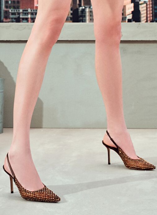 Kadın Bronz Taşlı Arkası Açık İnce Topuklu Deri Ayakkabı 25SFD1210TS - Görsel 2