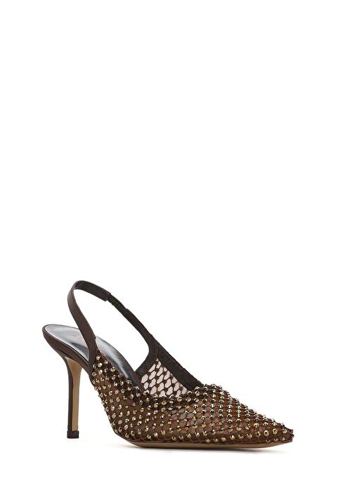 Kadın Bronz Taşlı Arkası Açık İnce Topuklu Deri Ayakkabı 25SFD1210TS - Görsel 9