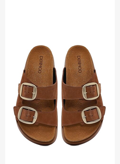 Kadın Taba Çift Tokalı Kalın Tabanlı Süet Deri Terlik 25SFD132810 - Görsel 8