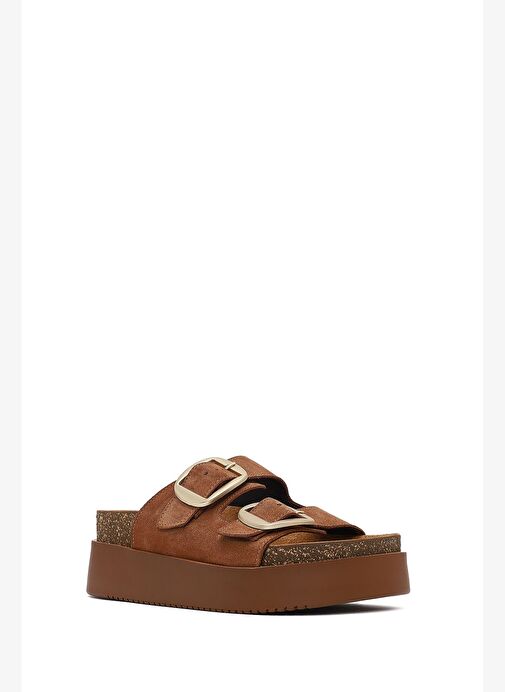 Kadın Taba Çift Tokalı Kalın Tabanlı Süet Deri Terlik 25SFD132810 - Görsel 7