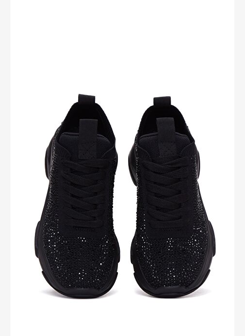 Derimod Zero Kadın Siyah Bağcıklı Kalın Tabanlı Taşlı Kumaş Sneaker 25AFD43006F - Görsel 7