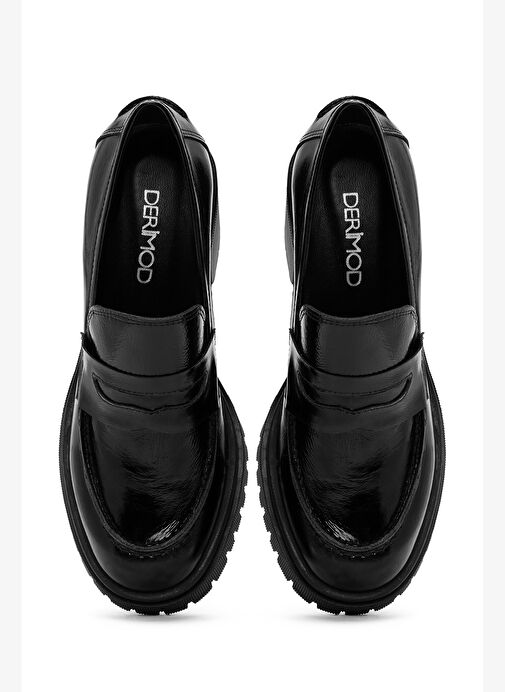 Kadın Siyah Kalın Topuklu Rugan Deri Maskülen Loafer 25AFD200016 - Görsel 9