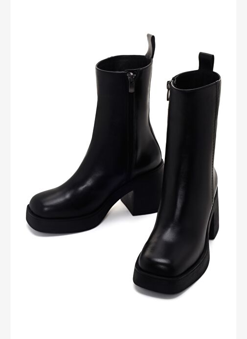 Kadın Siyah Kalın Topuklu Fermuarlı Deri Bot 25WFD201018 - Görsel 4