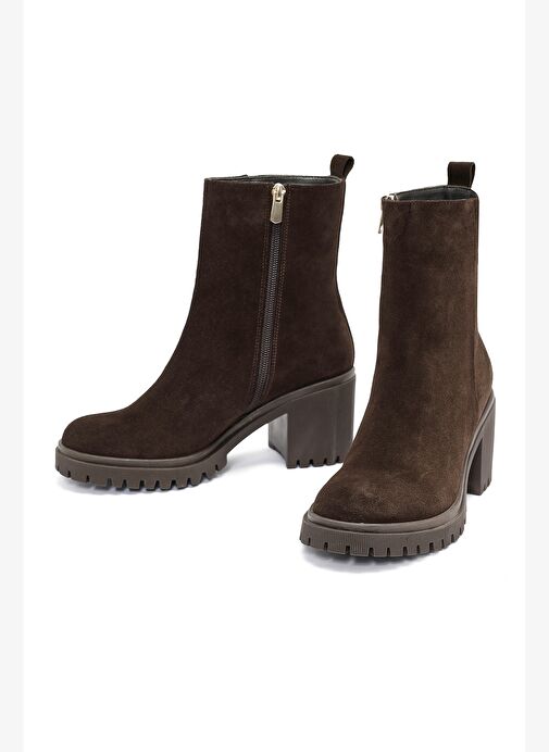 Kadın Kahverengi Fermuarlı Topuklu Süet Deri Bot 25WFD200910 - Görsel 4