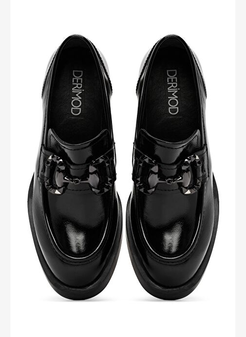 Kadın Siyah Yüksek Kalın Topuklu Rugan Deri Maskülen Loafer 25AFD510116 - Görsel 9