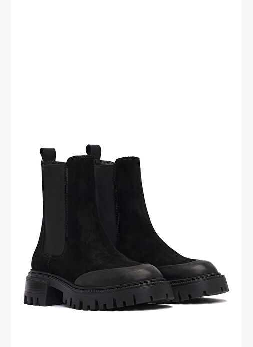 Kadın Siyah Kalın Tabanlı Süet Deri Chelsea Bot 25WFD150710 - Görsel 5