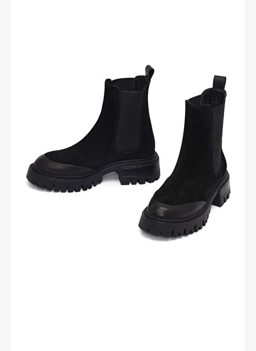 Kadın Siyah Kalın Tabanlı Süet Deri Chelsea Bot 25WFD150710 - Görsel 4