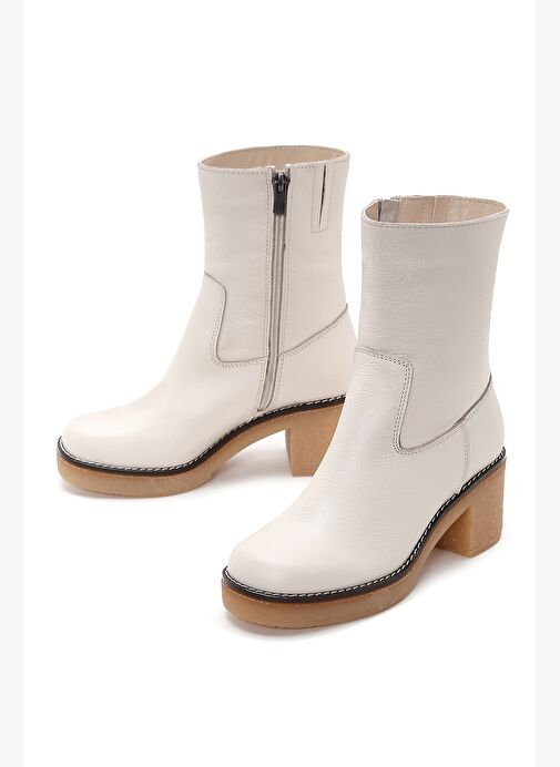 Kadın Krem Fermuarlı Kısa Topuklu Deri Bot 25WFD1513FT - Görsel 4