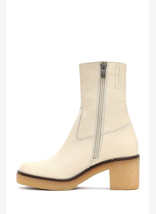Kadın Krem Fermuarlı Kısa Topuklu Deri Bot 25WFD1513FT - Görsel 5