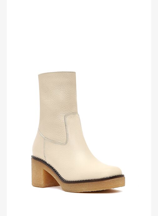 Kadın Krem Fermuarlı Kısa Topuklu Deri Bot 25WFD1513FT - Görsel 9