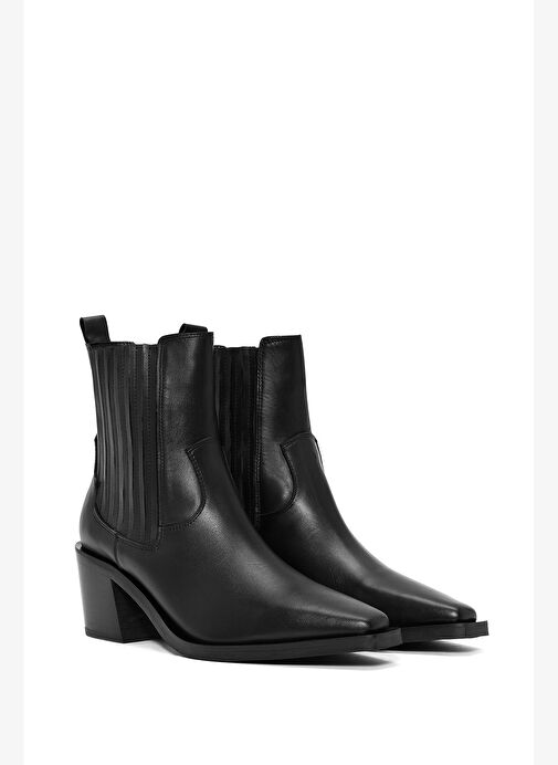 Kadın Siyah Kalın Topuklu Deri Kovboy Bot 25WFD151618 - Görsel 6