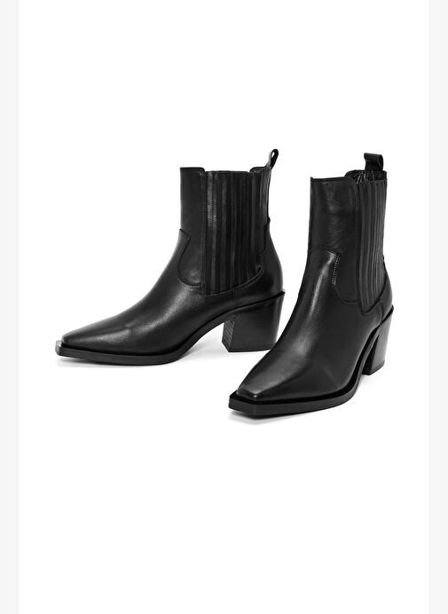 Kadın Siyah Kalın Topuklu Deri Kovboy Bot 25WFD151618 - Görsel 4