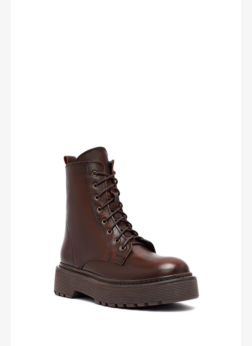 Kadın Kahverengi Bağcıklı Fermuarlı Kalın Tabanlı Deri Postal Bot 25WFD181818 - Görsel 8