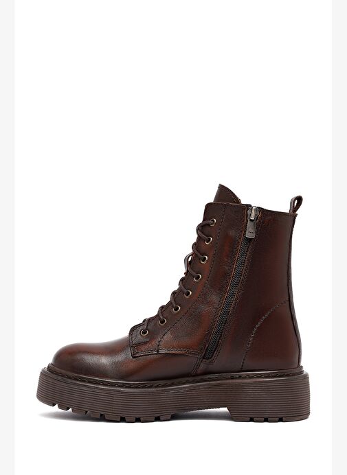 Kadın Kahverengi Bağcıklı Fermuarlı Kalın Tabanlı Deri Postal Bot 25WFD181818 - Görsel 3